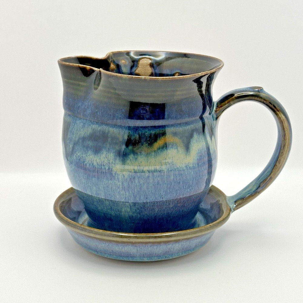 Signed Studio Pottery Gravy Boat Attached Underplate Blue Teal Art Pottery - Picture 4 of 9